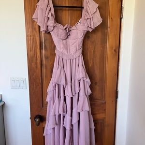 ASOS DESIGN flutter sleeve ruched corset detail tiered midi dress in mauve